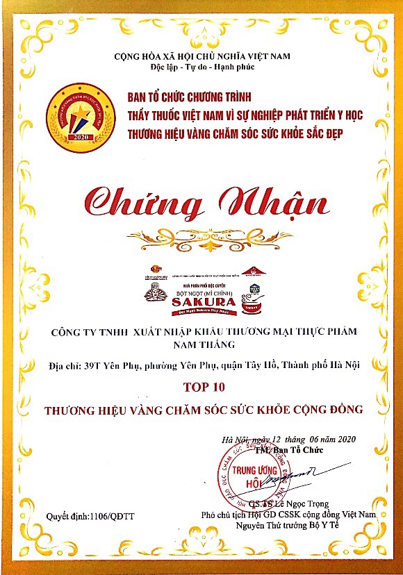 Chứng nhận Top 10 vì sức khỏe cộng đồng do Bộ Y tế cấp