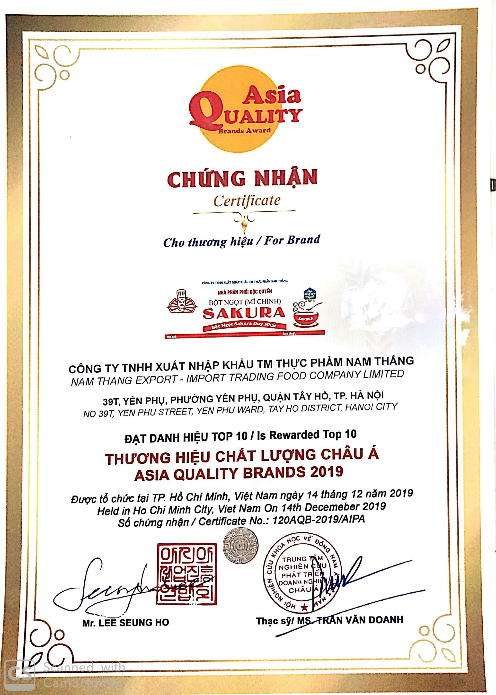 Chứng nhật top 10 thương hiệu chất lượng châu Á
