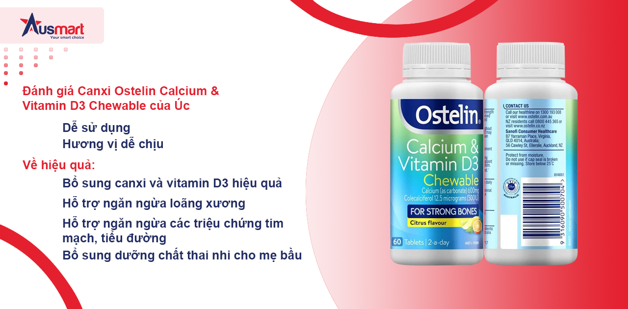 Đánh giá Canxi Ostelin Calcium & Vitamin D3 Chewable của Úc