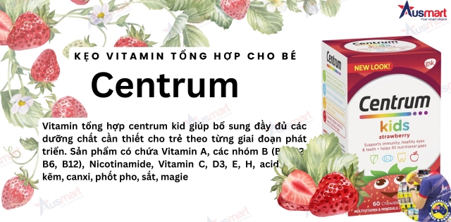 Kẹo vitamin tổng hợp cho bé Centrum kids hương dâu Kẹo vitamin tổng hợp cho bé Centrum kids hương dâu