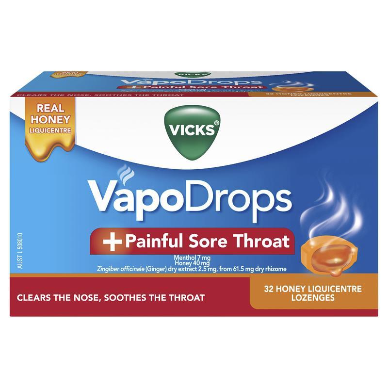 Viên ngậm giảm đau họng Vicks VapoDrops + Painful Sore Throat Honey
