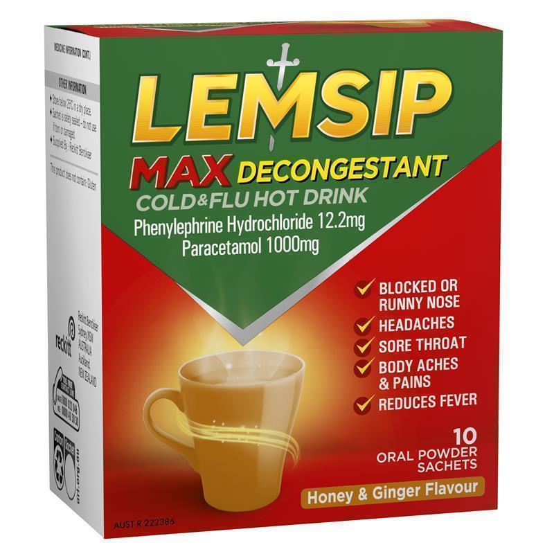 Bột pha uống nóng hỗ trợ giảm cảm cúm và thông mũi Lemsip Max with Decongestant Cold and Flu Hot Drink