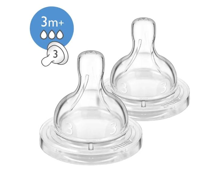 Vỉ 2 núm ti dòng chảy trung bình Avent Teat Silicone 3M+