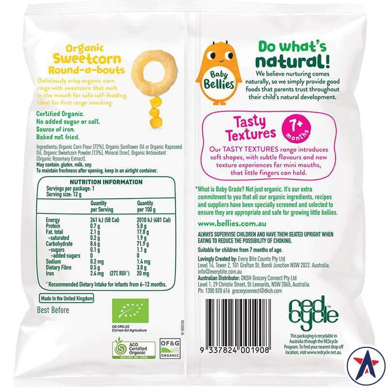 Bánh ăn dặm Baby Bellies Organic Round-a-bouts Sweetcorn 12g