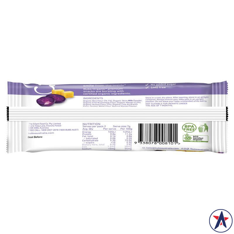 Bánh ăn dặm Bubs Organic Smiley Squares Mango & Purple Carrot 7 Months+ 14g