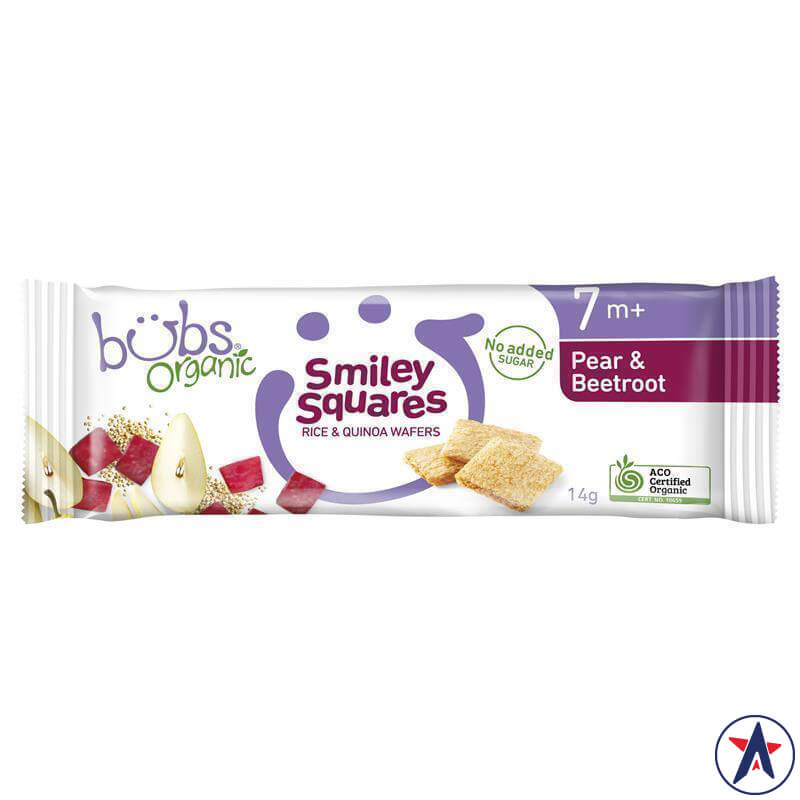 Bánh ăn dặm Bubs Organic Smiley Squares Pear & Beetroot 7 Months+ 14g | Hàng xách tay Úc chính hãng