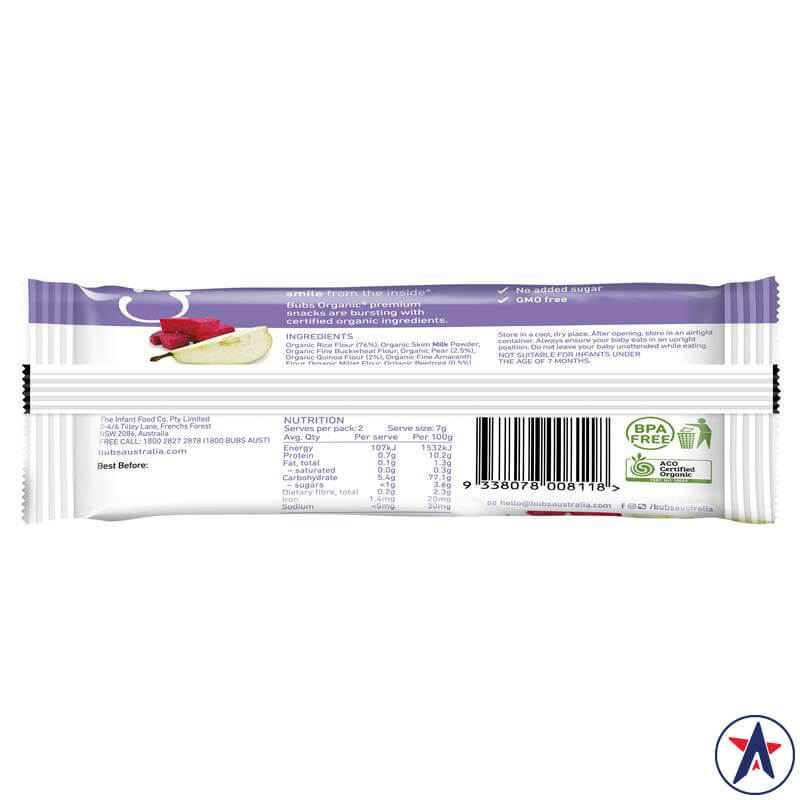 Bánh ăn dặm Bubs Organic Smiley Squares Pear & Beetroot 7 Months+ 14g | Mua hàng Úc tại Ausmart