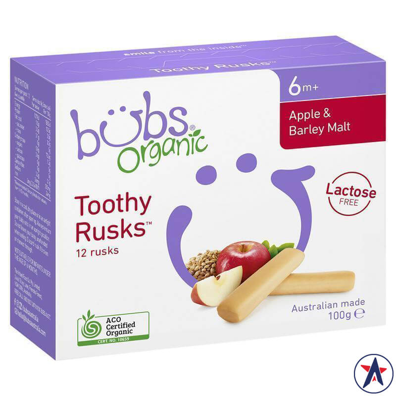 Bánh gặm nướu Bubs Organic Apple & Barley Lactose Free Toothy Rusk 100g | Sản phẩm chính hãng Úc
