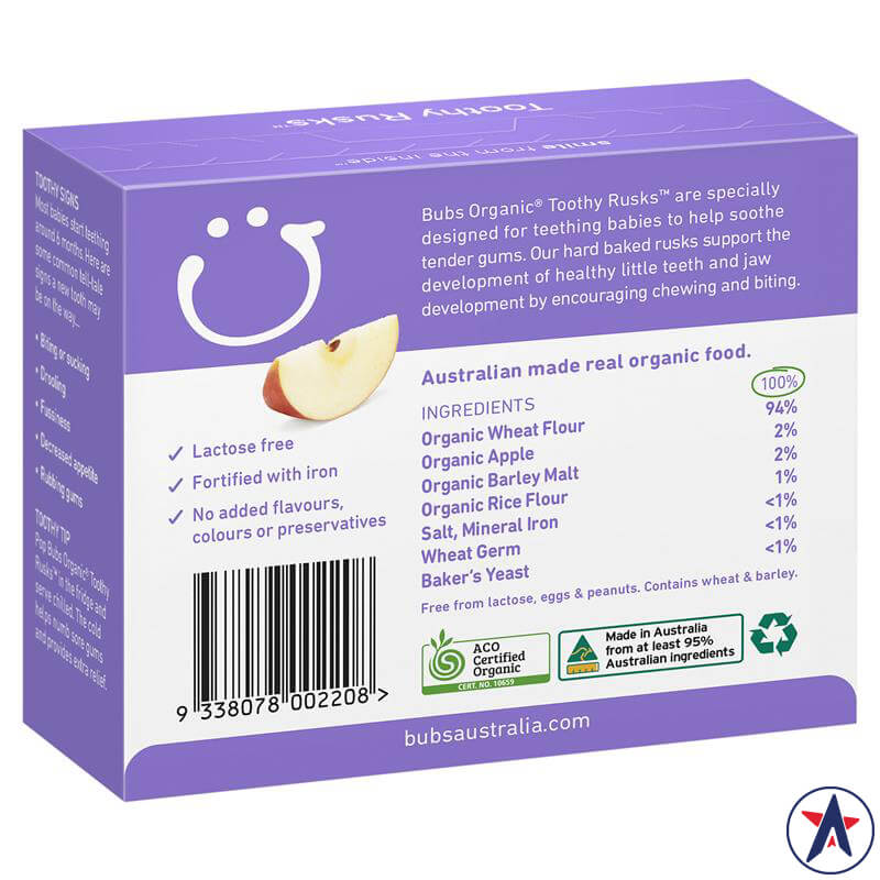 Bánh gặm nướu Bubs Organic Apple & Barley Lactose Free Toothy Rusk 100g | Australia Mart - Ausmart.vn