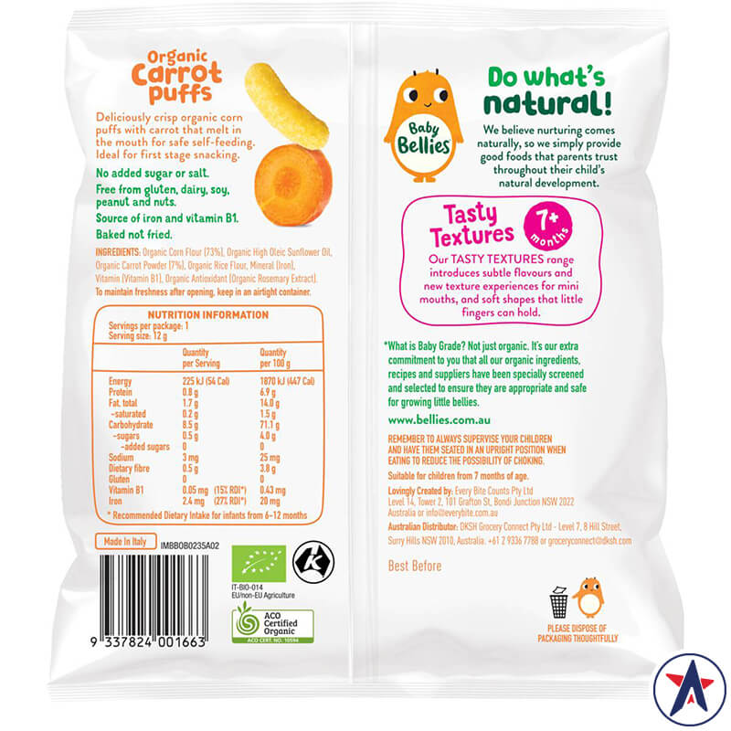 Bánh que ăn dặm cho bé Baby Bellies Organic Puffs Carrot 12g | Chất lượng đảm bảo từ Úc