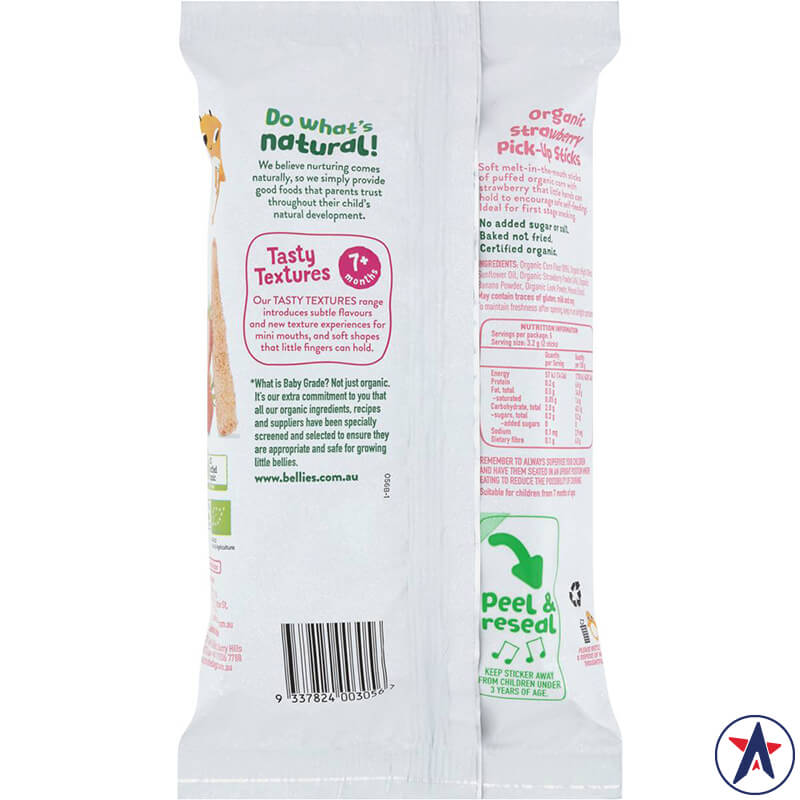 Bánh que ăn dặm cho bé Baby Bellies Organic Strawberry Pick-up Sticks 16g