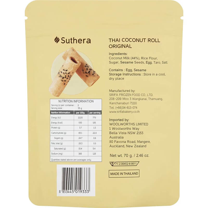 Bánh quế dừa mè Suthera Thai Coconut Roll Original 70g
