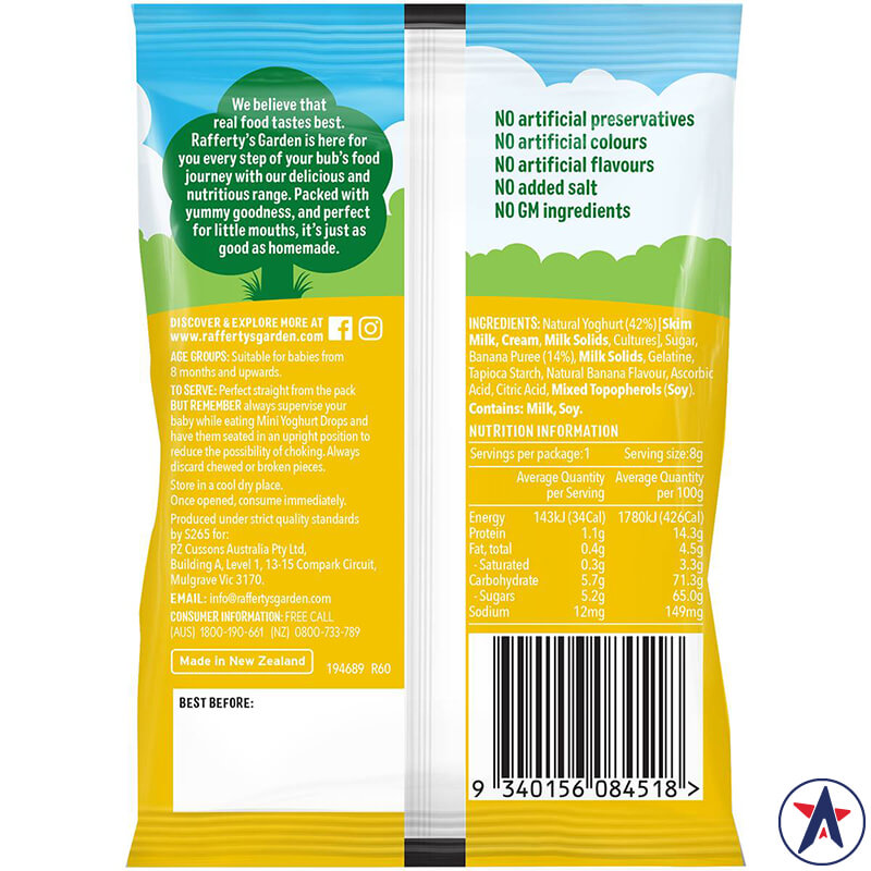 Bánh sữa chua cho bé Rafferty's Garden Banana Mini Yoghurt Drops 8g | Mua sắm hàng Úc tại Ausmart