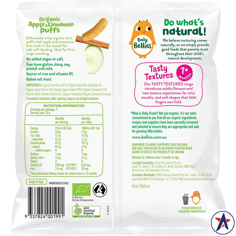 Bánh ăn dặm Baby Bellies Organic Apple & Cinnamon Puffs