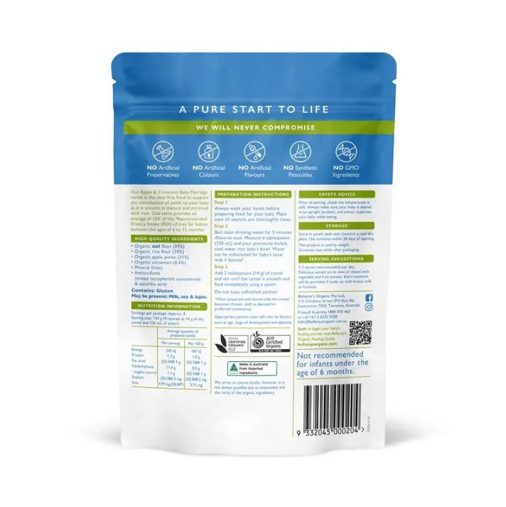 Bột ăn dặm Bellamy's Organic Apple & Cinnamon Baby Porridge 125g