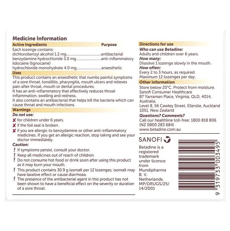 Viên ngậm trị đau họng Betadine Anaesthetic Lozenges Honey & Lemon Sore Throat