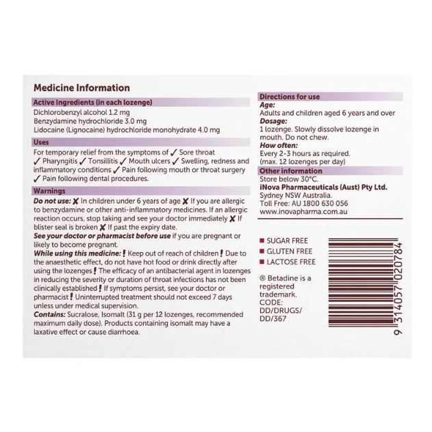 Viên ngậm trị đau họng Betadine Anaesthetic Lozenges Berry Sore Throat
