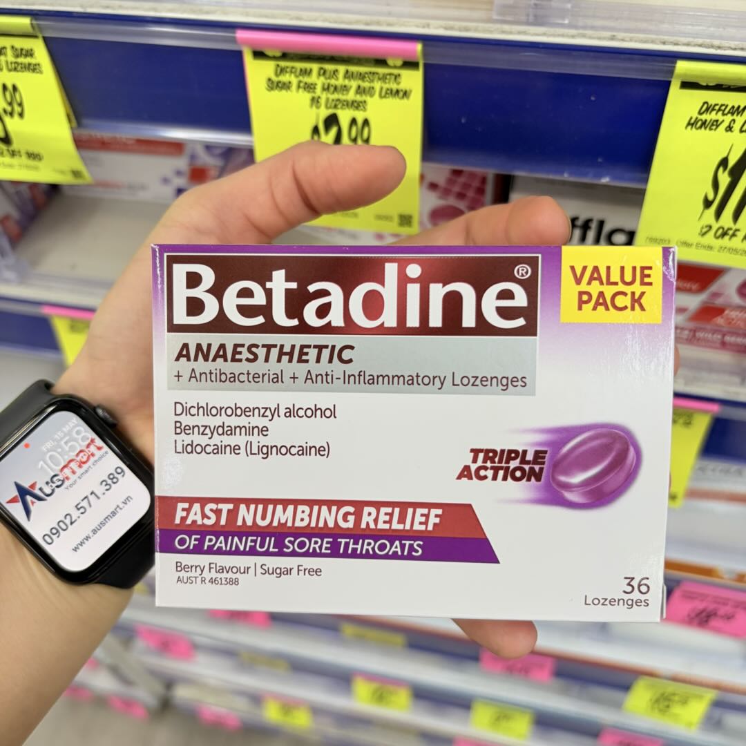 Viên ngậm trị đau họng Betadine Anaesthetic Lozenges Berry Sore Throat