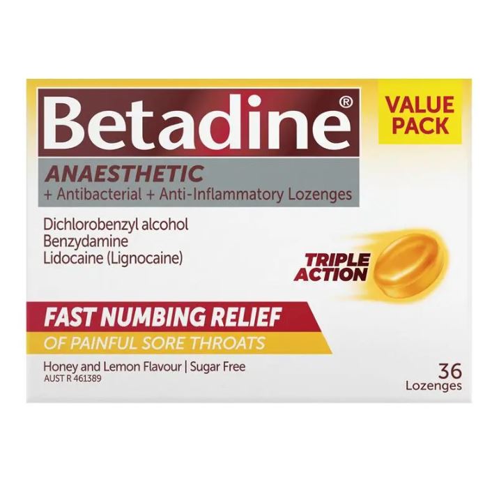 Viên ngậm trị đau họng Betadine Anaesthetic Lozenges Honey & Lemon Sore Throat