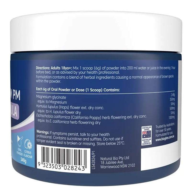Bột magiê hỗ trợ giấc ngủ Bioglan Active Magnesium PM Deep Sleep Formula Powder 240g