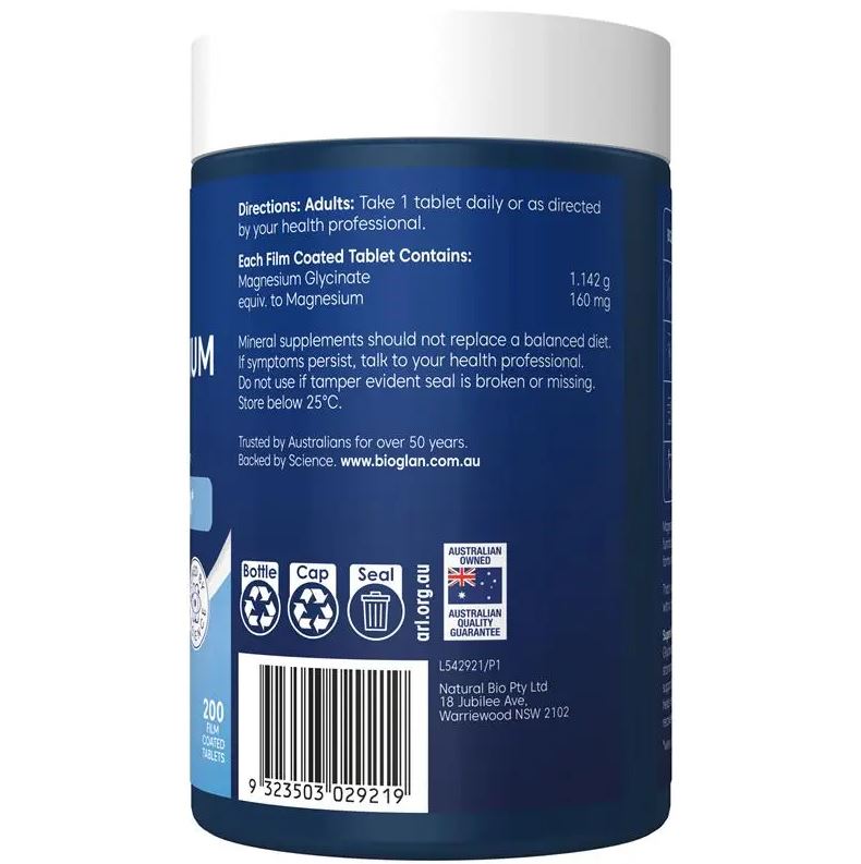 Viên uống bổ sung Magie hỗ trợ cơ bắp và hệ thần kinh Bioglan Active Magnesium Glycinate 200 viên