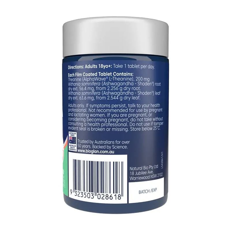 Viên uống hỗ trợ giảm căng thẳng & lo âu Bioglan L-Theanine + Ashwagandha 50 viên