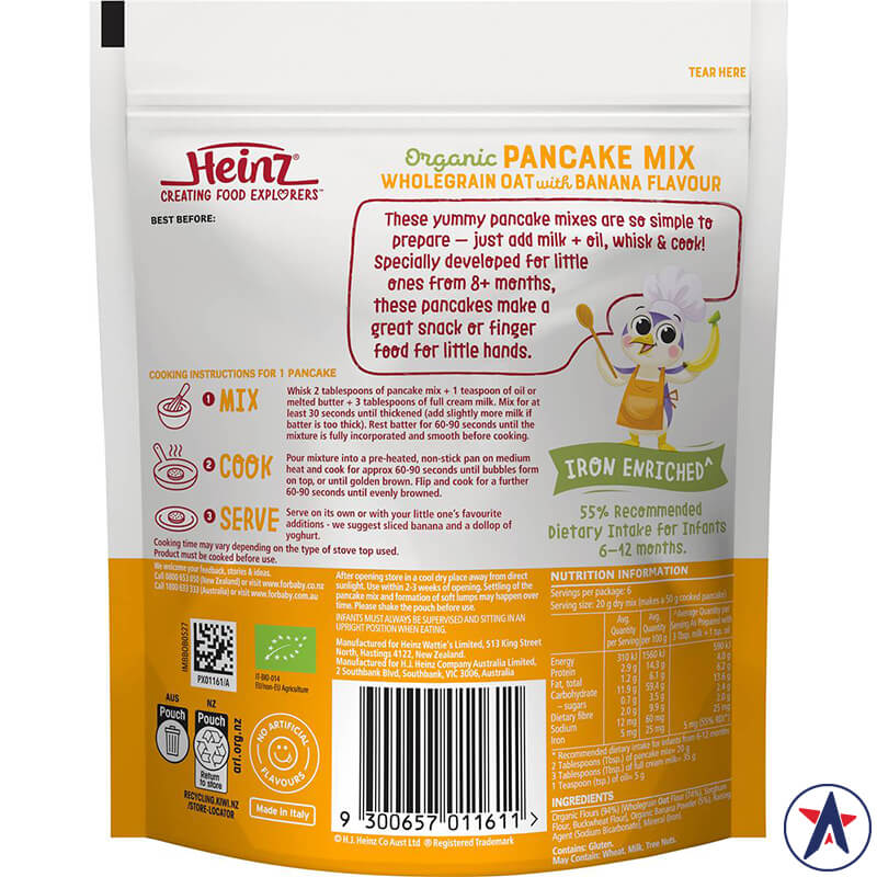 Bột bánh cho bé Heinz Organic Pancake Mix Wholegrain Oat Banana Flavour 125g