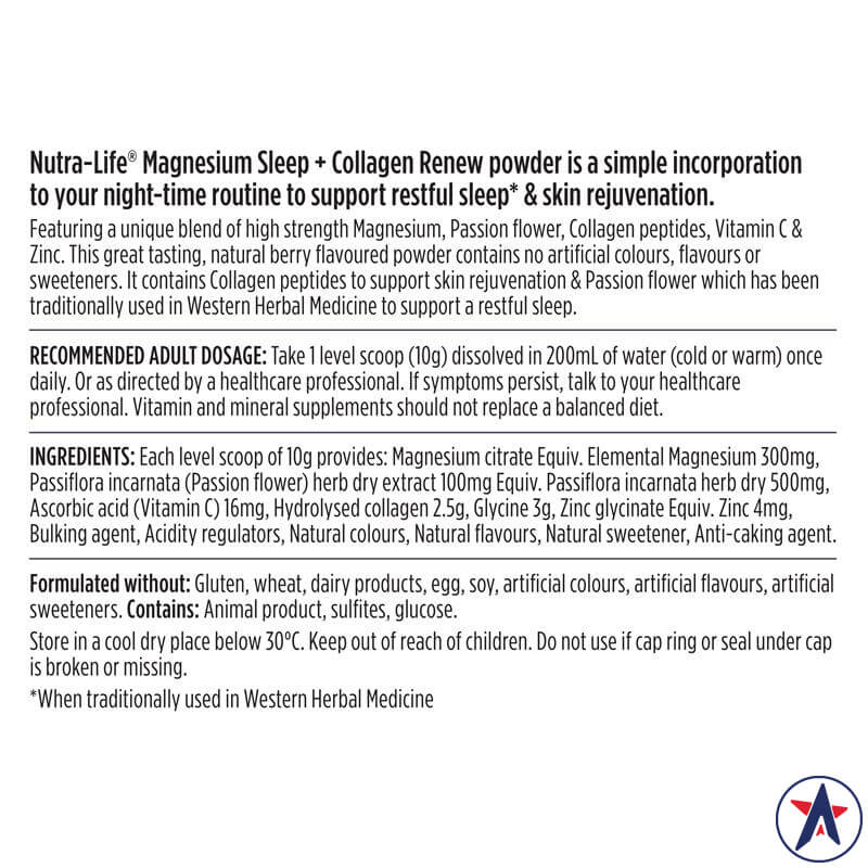 Bột uống hỗ trợ giấc ngủ & tái tạo da Nutra-Life Magnesium Sleep + Collagen Renew 250g
