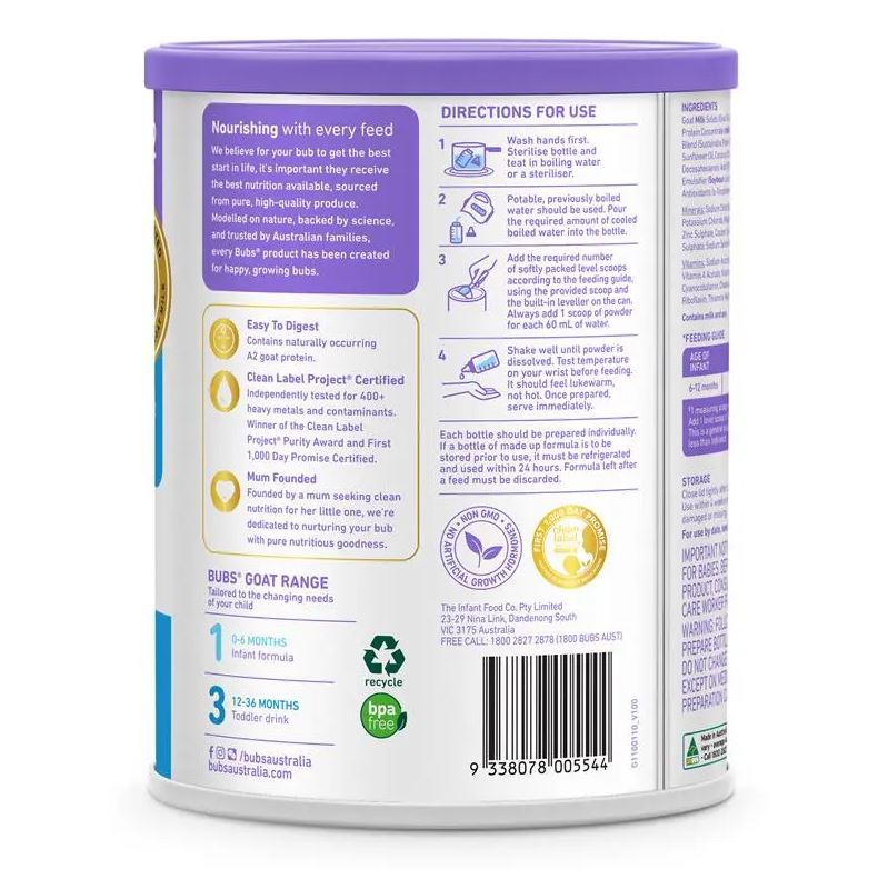 Sữa dê Bubs Australian Goat Milk của Úc số 2 (800g) (6-12 tháng)