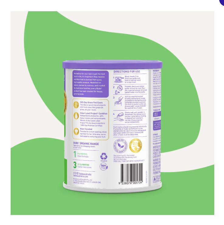 Sữa Bubs Organic số 2 Grass Fed Follow On 800g cho trẻ 6-12 tháng