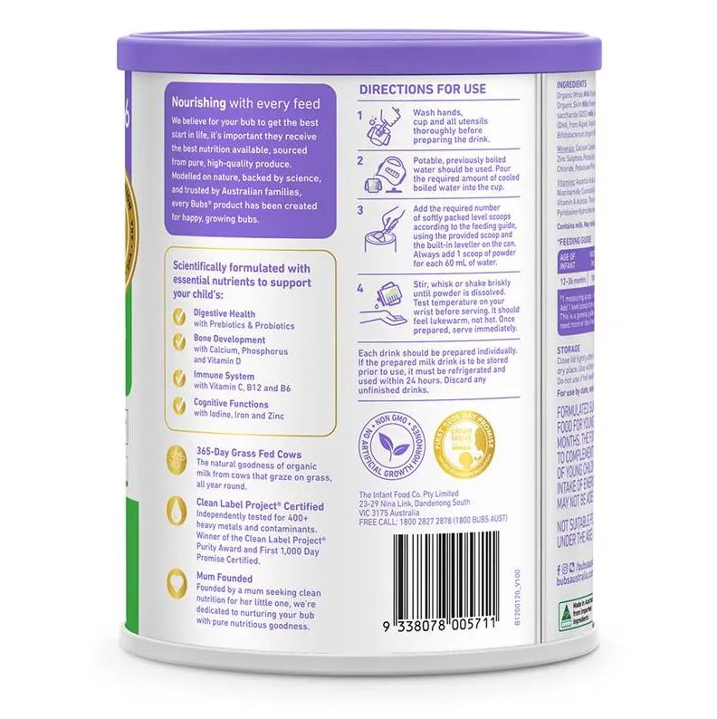 Sữa Bubs Organic số 3 Grass Fed Toddler 800g cho trẻ 1 đến 3 tuổi