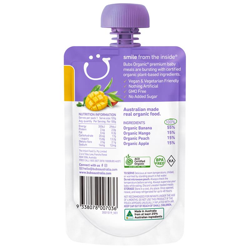 Trái cây nghiền cho bé Bubs Organic Mango, Peach & Banana 120g