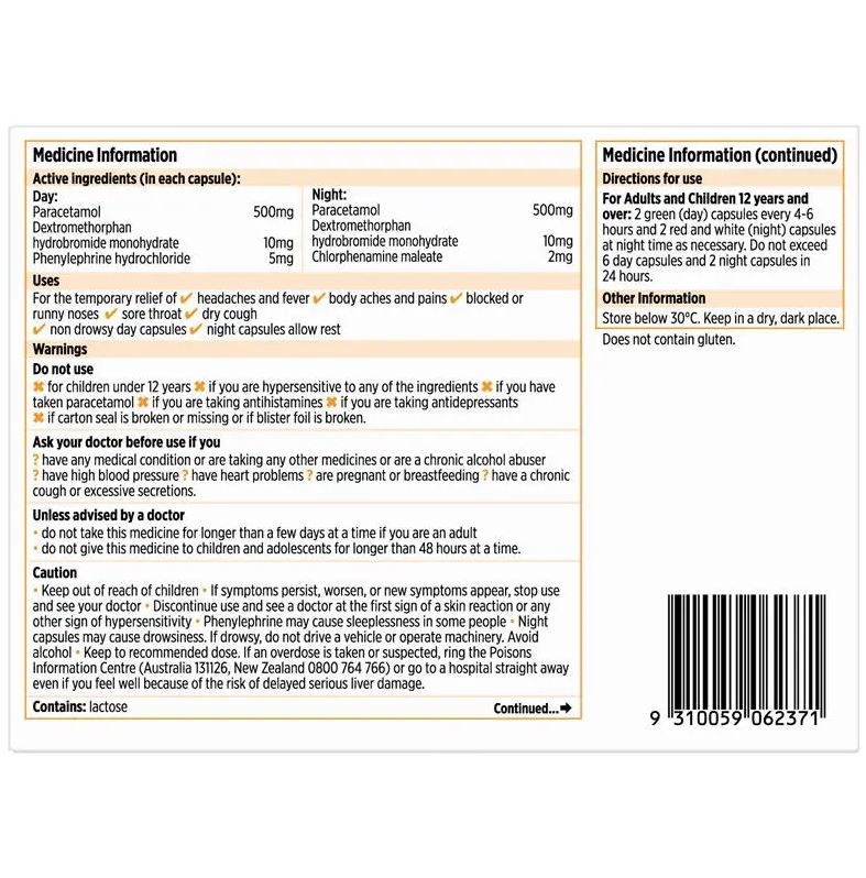 Viên uống trị cảm cúm & ho khan Codral Cold & Flu + Cough Day & Night