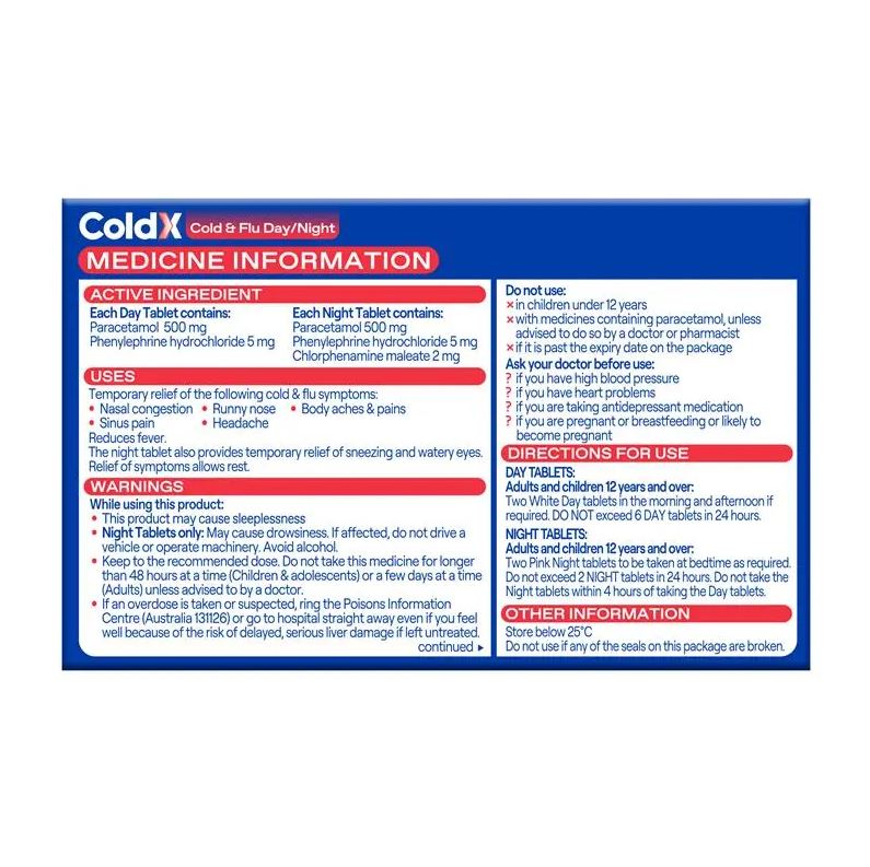 Viên uống giảm cảm lạnh và cảm cúm ColdX Cold & Flu Tablets Day & Night