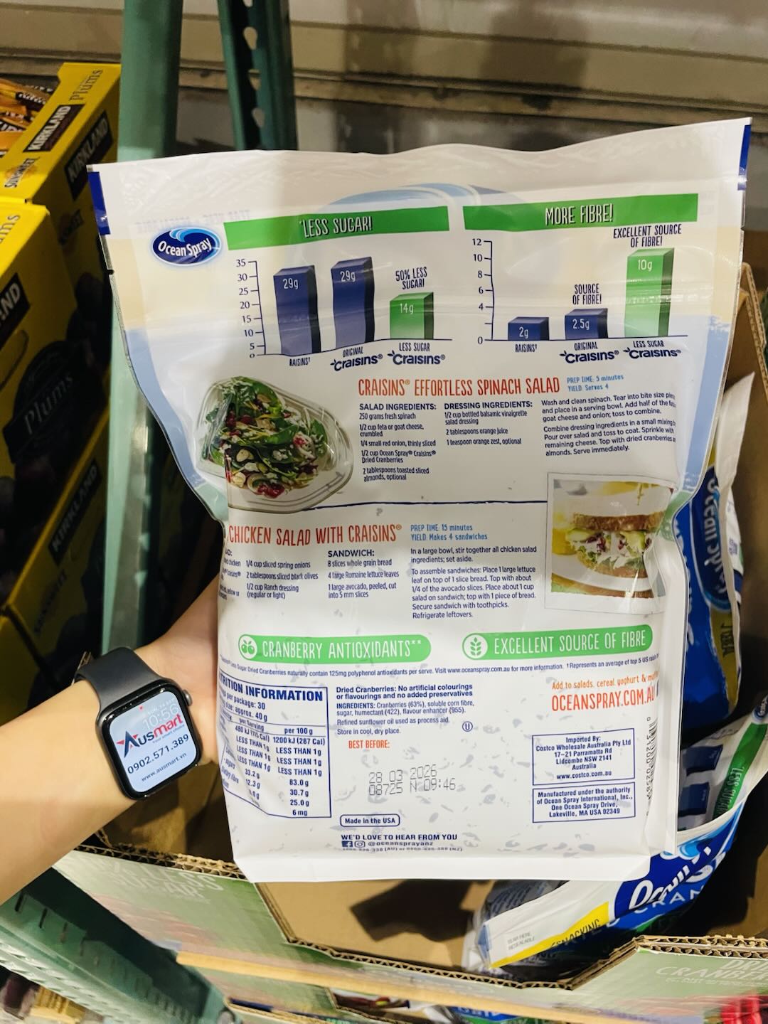 Nam việt quất khô ít đường Ocean Spray Craisins Dried Cranberries 50% Less Sugar 1.2 kg