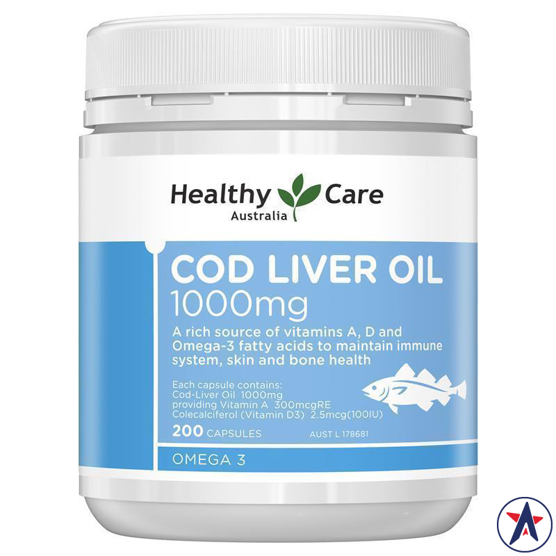 Dầu gan cá tuyết Omega 3 Cod Liver Oil 1000mg Healthy Care 200 viên | Mua hàng Úc tại Ausmart