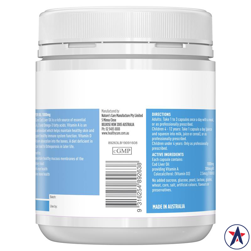 Dầu gan cá tuyết Omega 3 Cod Liver Oil 1000mg Healthy Care 200 viên | Sản phẩm chính hãng Úc