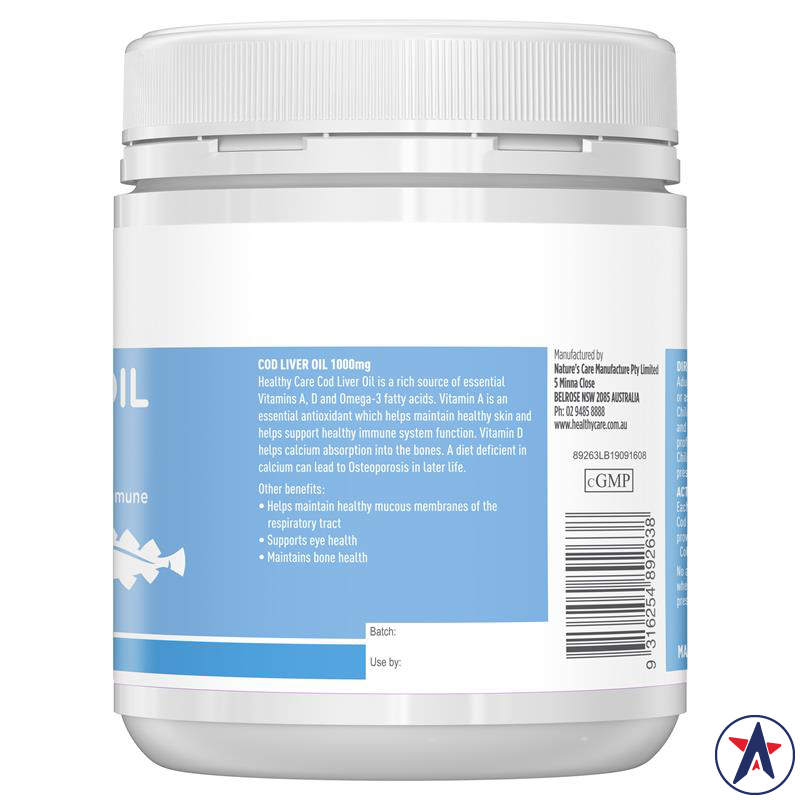 Dầu gan cá tuyết Omega 3 Cod Liver Oil 1000mg Healthy Care 200 viên | Sản phẩm Úc chất lượng
