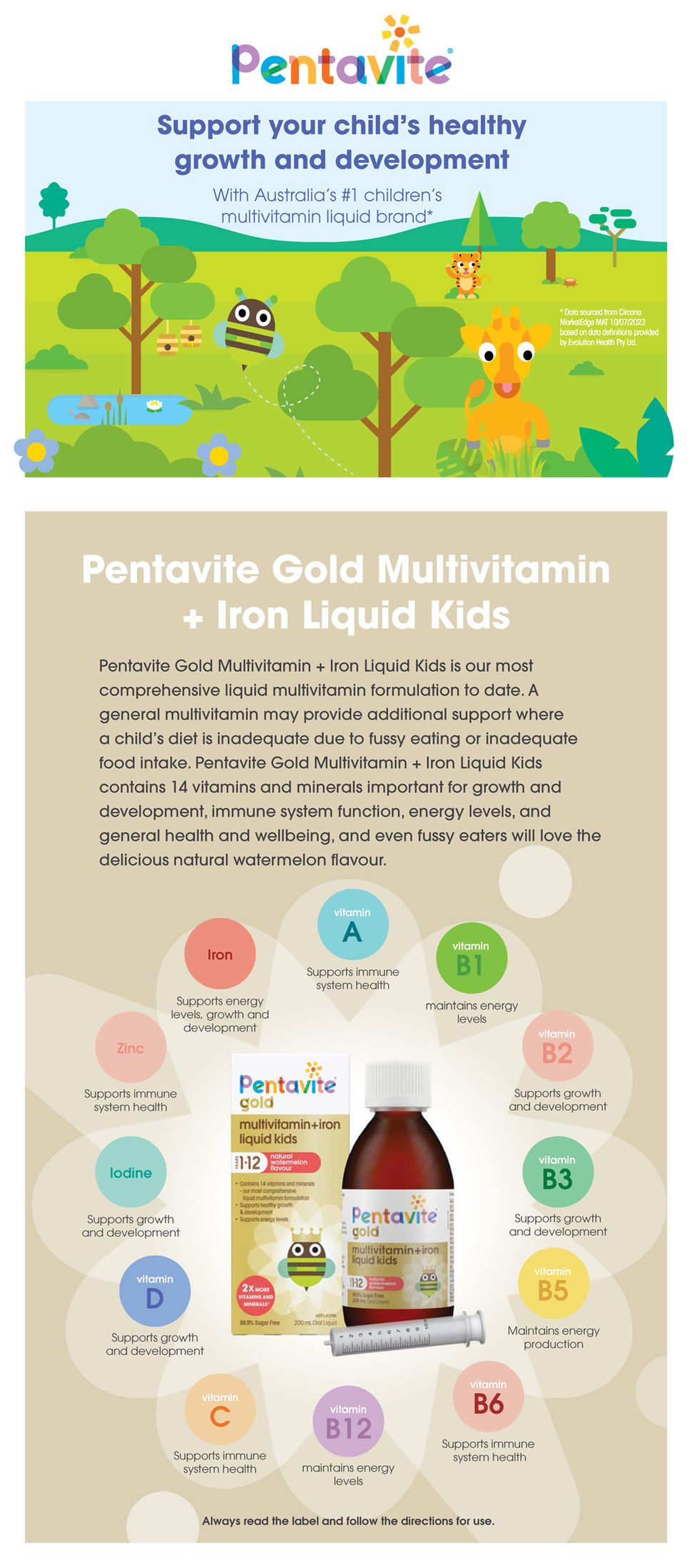 Vitamin tổng hợp cho bé Pentavite Gold Multivitamin + Iron Liquid For Kids