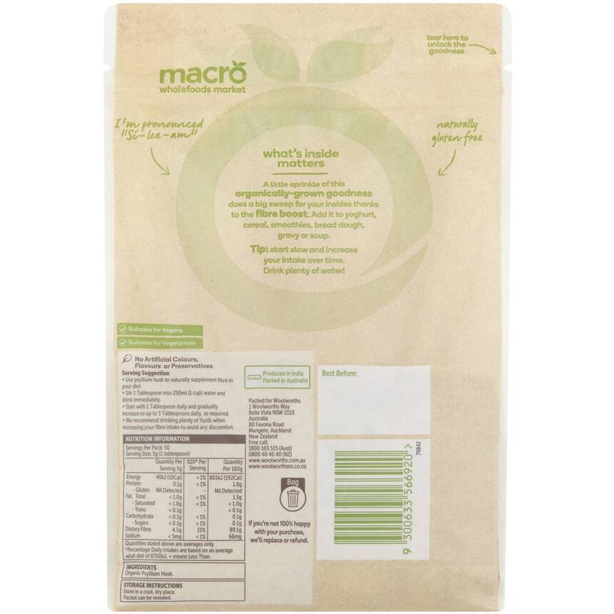 Bột vỏ hạt Mã đề hữu cơ Macro Organic Psyllium Husk của Úc 250g | Sản phẩm Úc chính hãng