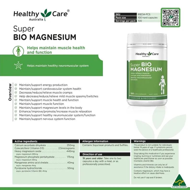 Viên uống bổ sung Magie Healthy Care Super Bio Magnesium 100 viên