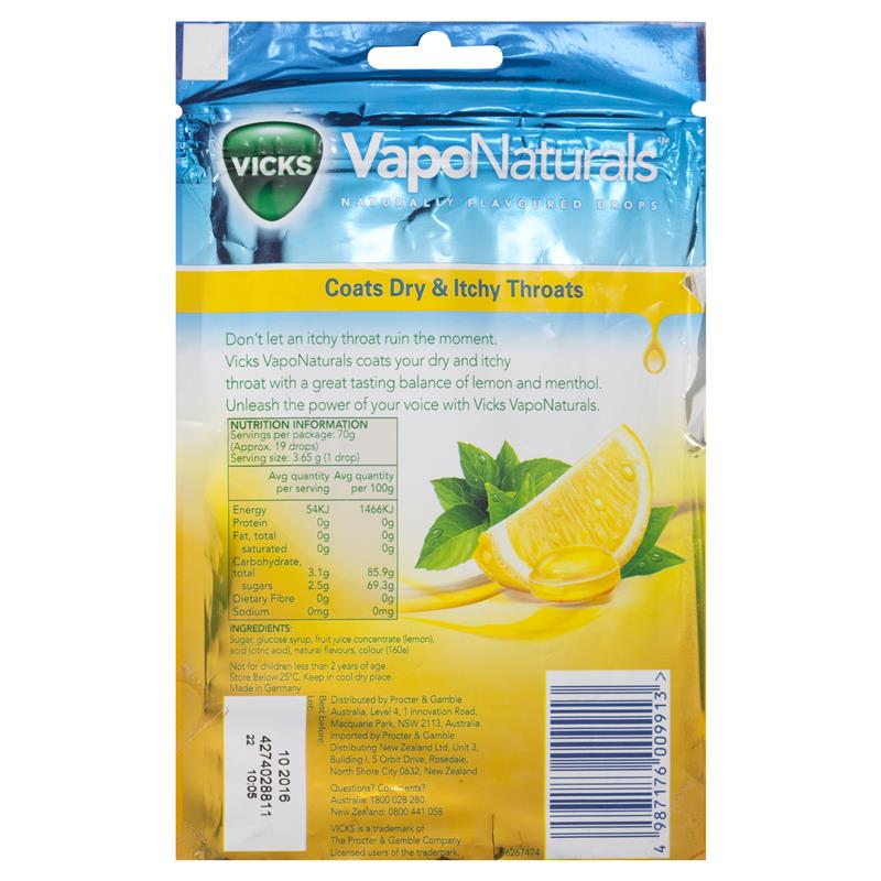 Kẹo ngậm viêm họng chanh bạc hà Vicks VapoNaturals Lemon Menthol Throat Lozenges 19 viên
