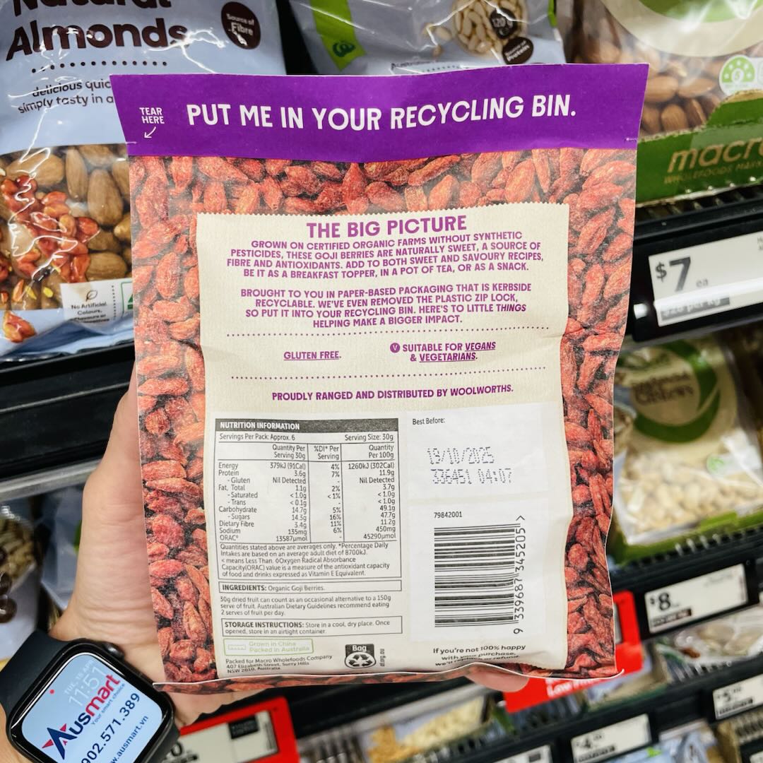 Quả kỷ tử Goji Berries Macro Certified Organic của Úc 200g