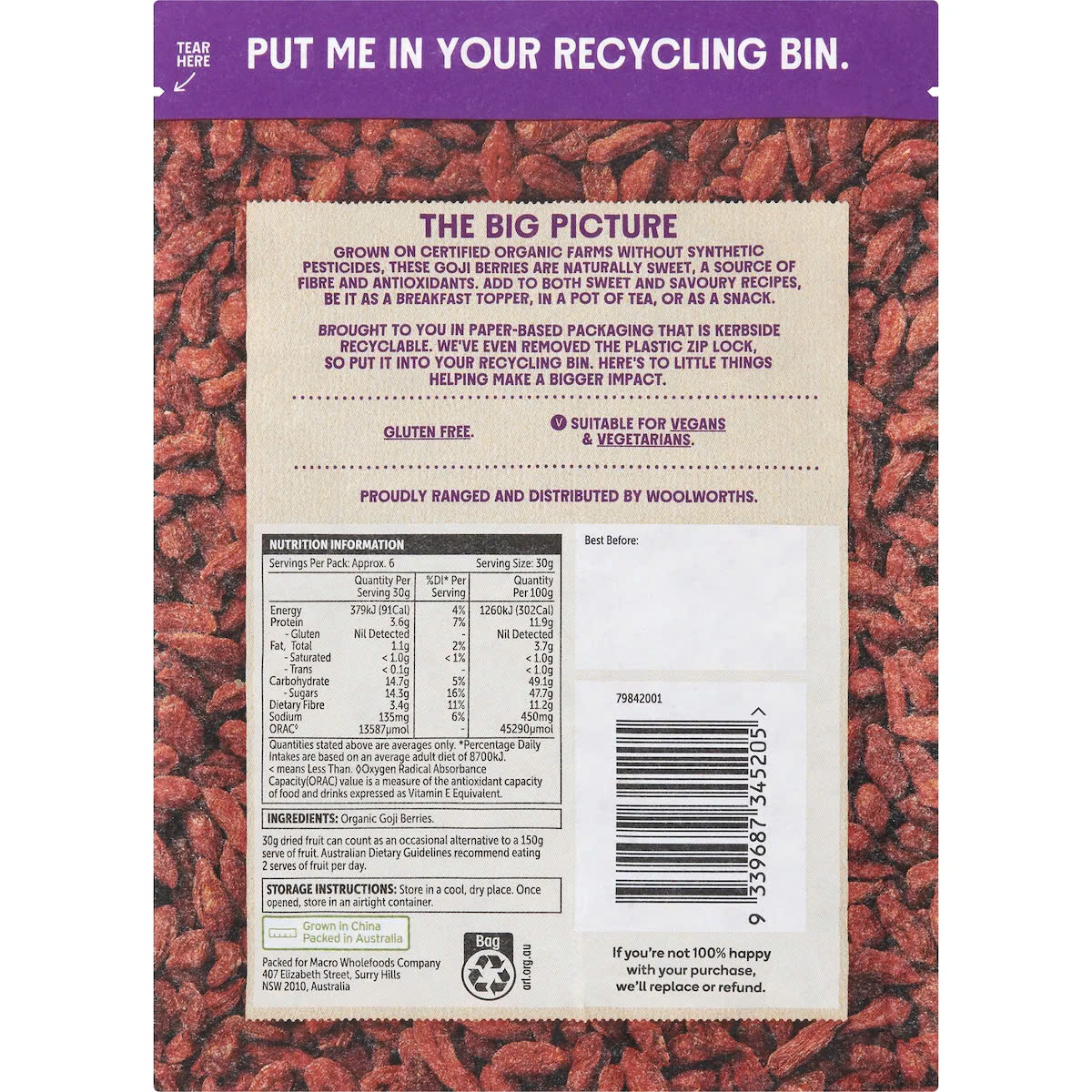 Quả kỷ tử Goji Berries Macro Certified Organic của Úc 200g