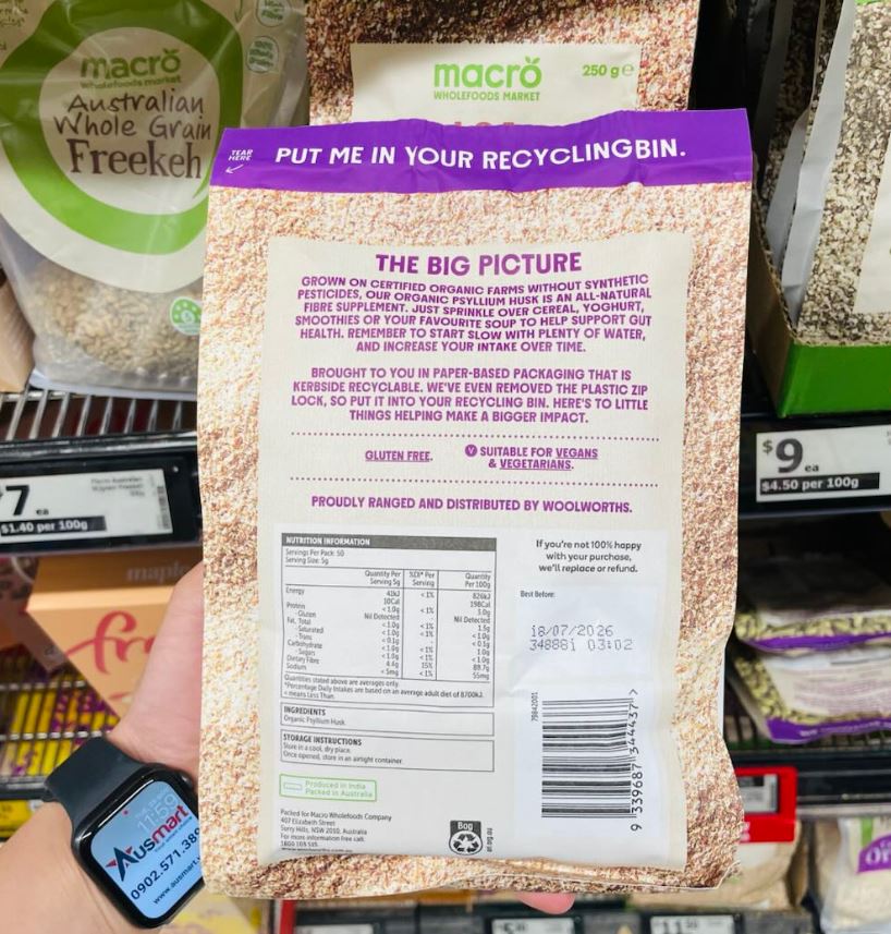 Bột vỏ hạt Mã đề hữu cơ Macro Organic Psyllium Husk của Úc 250g