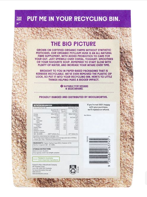 Bột vỏ hạt mã đề hữu cơ Macro Organic Psyllium Husk With Probiotics 200g