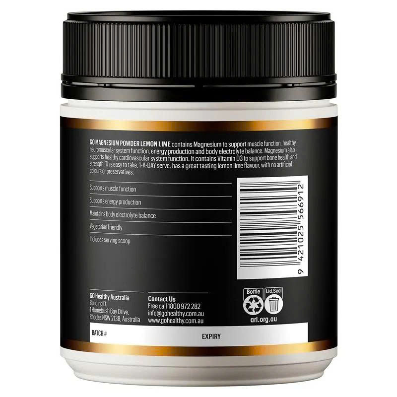 Bột uống magie vị chanh Go Healthy Magnesium Powder Lemon Lime 250g