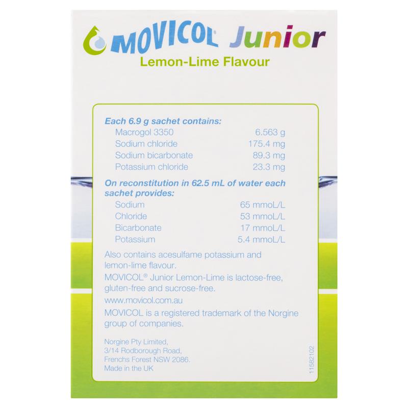 Hỗ trợ điều trị táo bón cho trẻ Movicol Junior Lemon Lime 30 gói