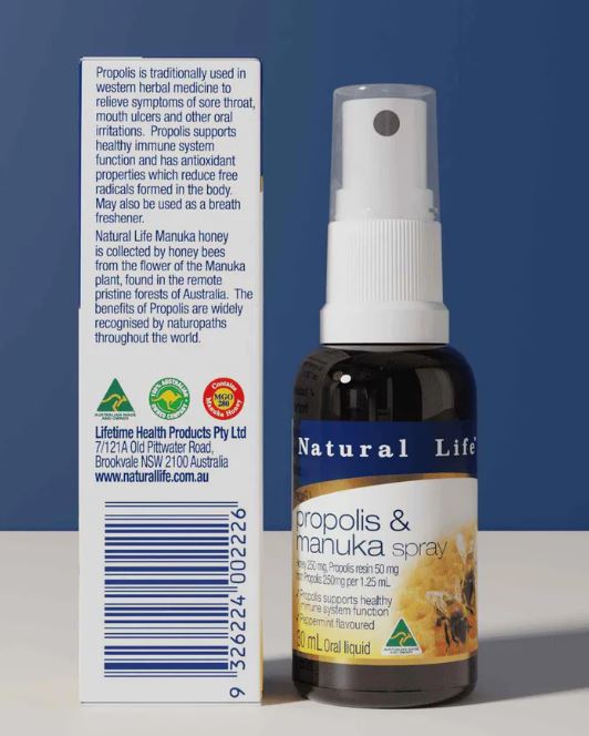Xịt keo ong Natural Life Propolis & Manuka Honey Spray 30mL