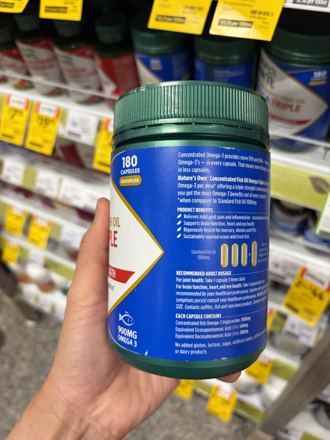 Dầu cá hàm lượng cao Nature's Own Concentrated Fish Oil Capsules Omega Triple 180 viên